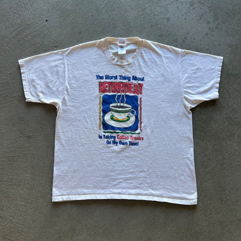 Vintage 90s Retirement Coffee Break Shirt Size XL White Funny Novelty Humor